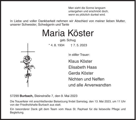 Traueranzeige von Maria Köster von Siegener Zeitung