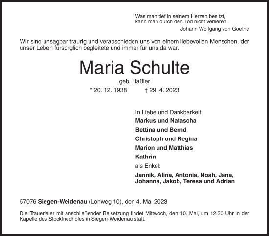 Traueranzeige von Maria Schulte von Siegener Zeitung