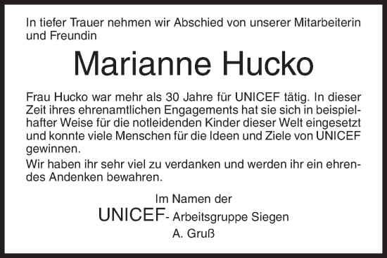 Traueranzeige von Marianne Hucko von Siegener Zeitung