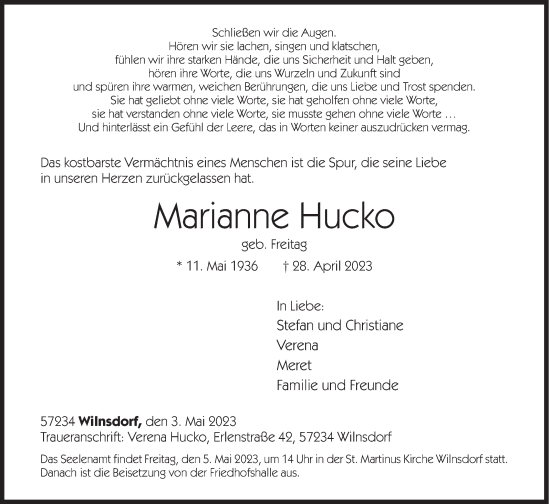 Traueranzeige von Marianne Hucko von Siegener Zeitung