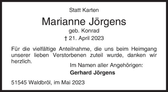 Traueranzeige von Marianne Jörgens von Siegener Zeitung