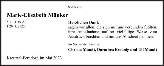 Traueranzeige von Marie-Elisabeth Münker von Siegener Zeitung