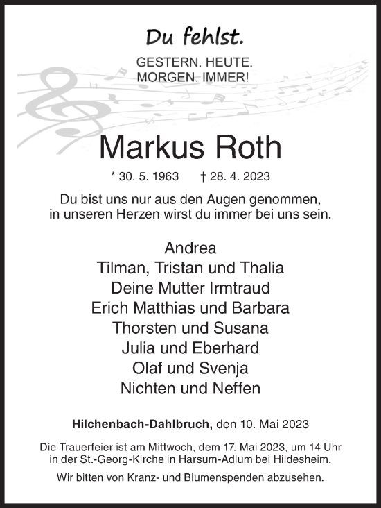 Traueranzeige von Markus Roth von Siegener Zeitung