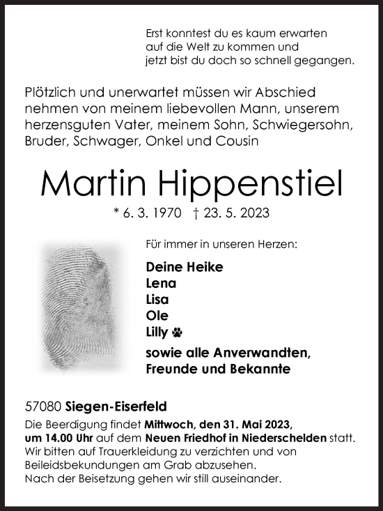 Traueranzeige von Martin Hippenstiel von Siegener Zeitung