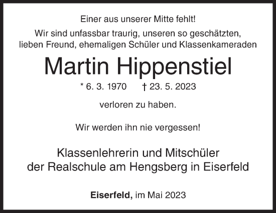 Traueranzeige von Martin Hippenstiel von Siegener Zeitung