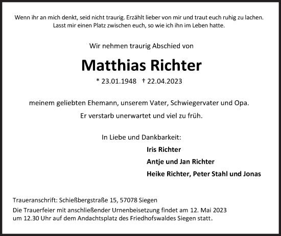 Traueranzeige von Matthias Richter von Siegener Zeitung