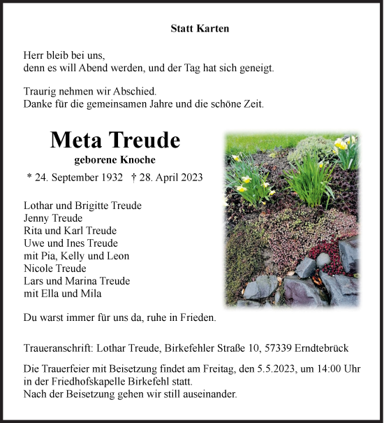 Traueranzeige von Meta Treude von Siegener Zeitung