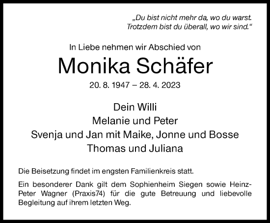 Traueranzeige von Monika Schäfer von Siegener Zeitung