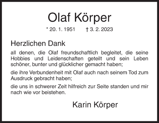 Traueranzeige von Olaf Körper von Siegener Zeitung