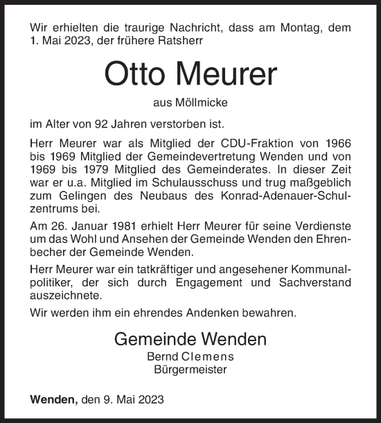 Traueranzeige von Otto Meurer von Siegener Zeitung