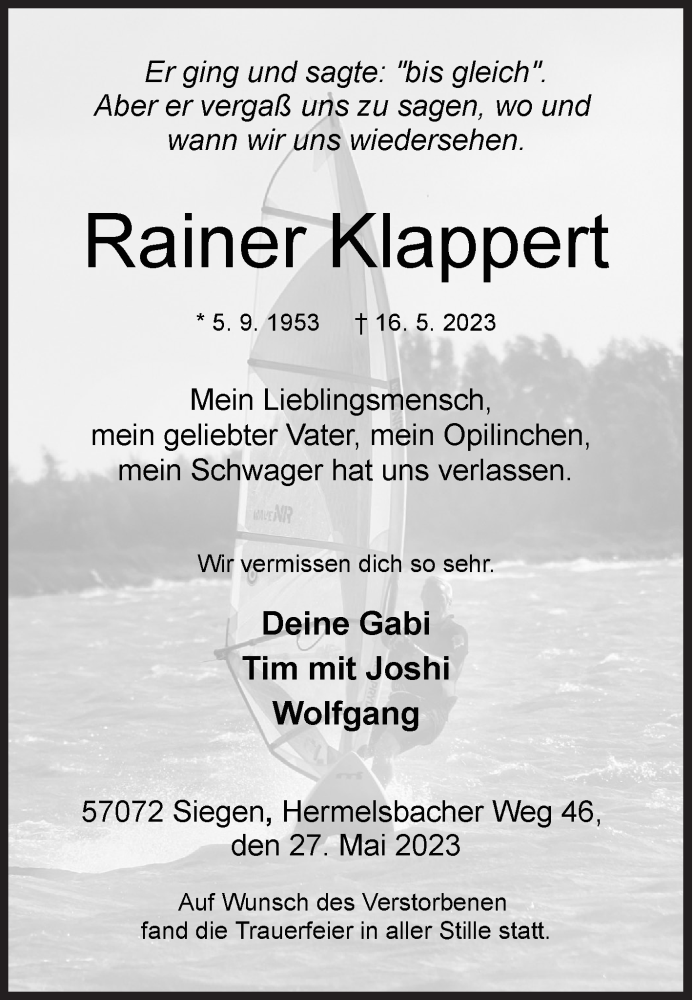  Traueranzeige für Rainer Klappert vom 27.05.2023 aus Siegener Zeitung