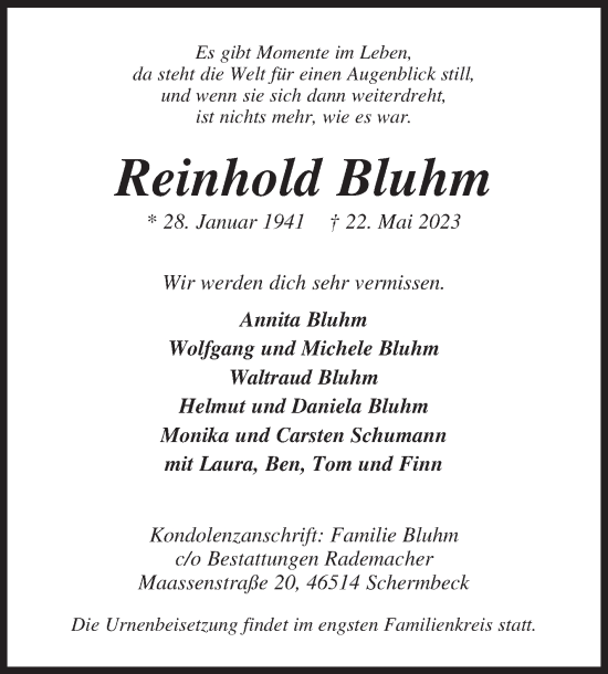 Traueranzeige von Reinhold Bluhm von Siegener Zeitung