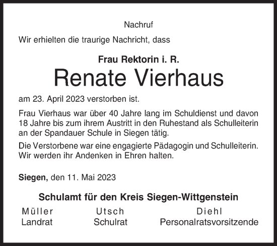 Traueranzeige von Renate Vierhaus von Siegener Zeitung
