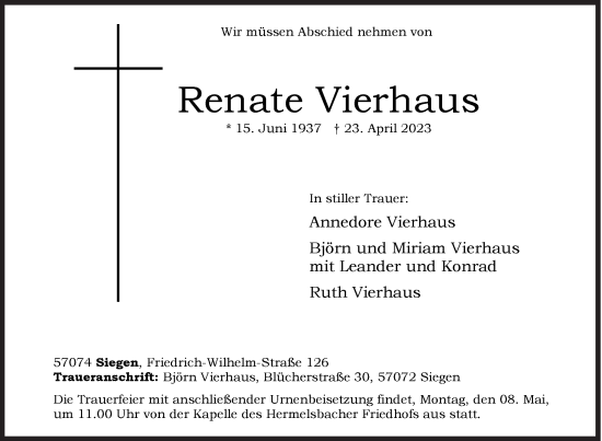 Traueranzeige von Renate Vierhaus von Siegener Zeitung