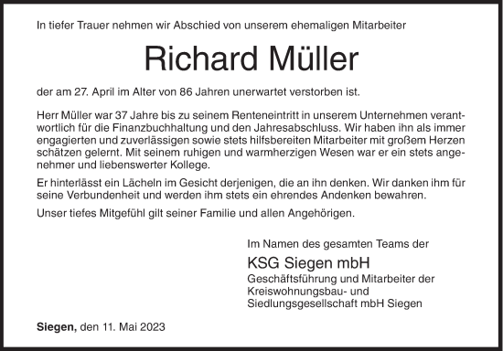 Traueranzeige von Richard Müller von Siegener Zeitung