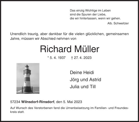 Traueranzeige von Richard Müller von Siegener Zeitung