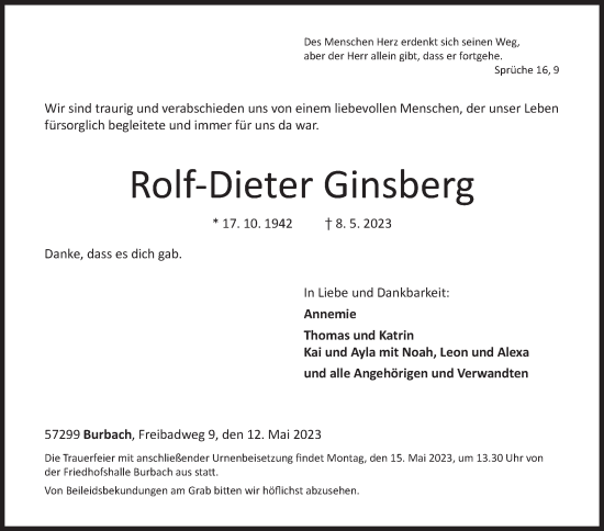 Traueranzeige von Rolf-Dieter Ginsberg von Siegener Zeitung