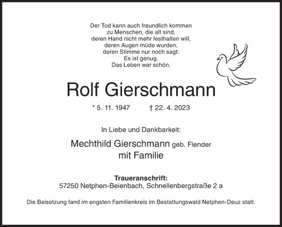 Traueranzeige von Rolf Gierschmann von Siegener Zeitung