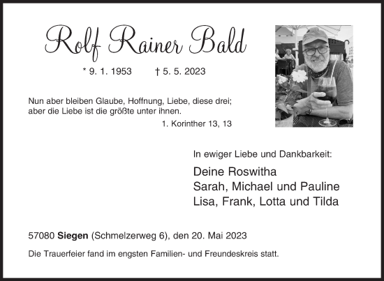 Traueranzeige von Rolf Rainer Bald von Siegener Zeitung