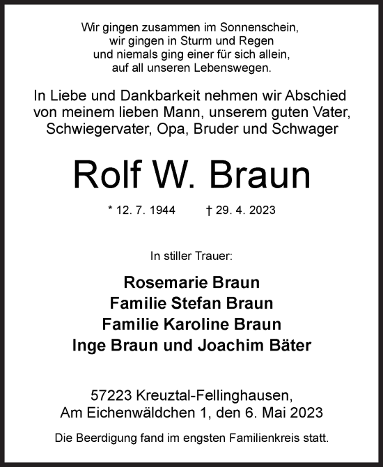 Traueranzeige von Rolf W. Braun von Siegener Zeitung