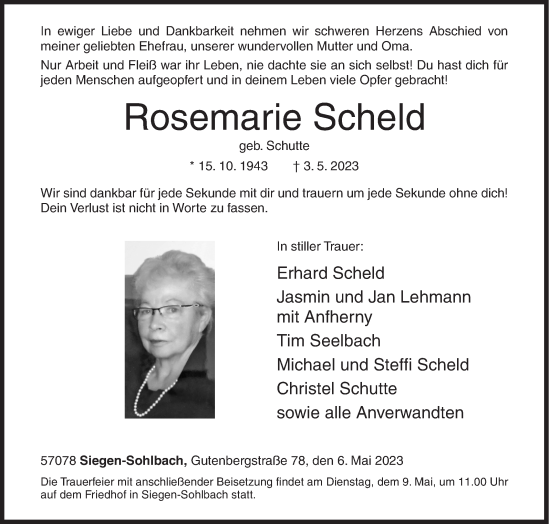 Traueranzeige von Rosemarie Scheld von Siegener Zeitung