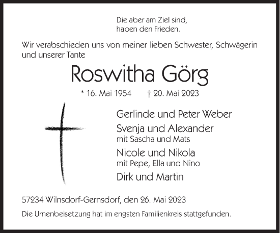 Traueranzeige von Roswitha Görg von Siegener Zeitung
