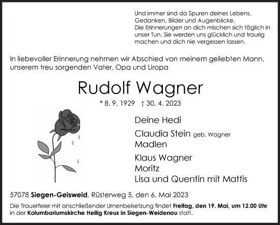 Traueranzeige von Rudolf Wagner von Siegener Zeitung
