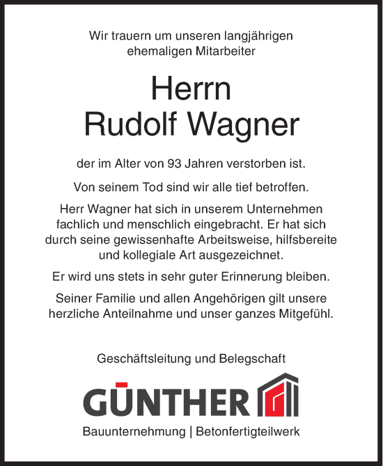 Traueranzeige von Rudolf Wagner von Siegener Zeitung