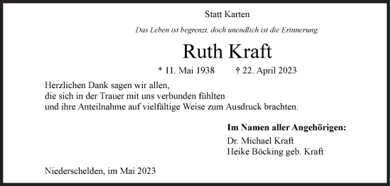 Traueranzeige von Ruth Kraft von Siegener Zeitung