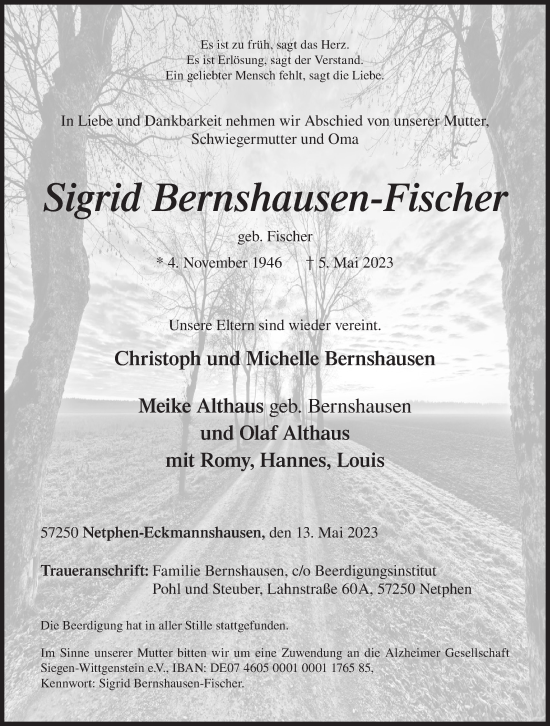 Traueranzeige von Sigrid Bernshausen-Fischer von Siegener Zeitung