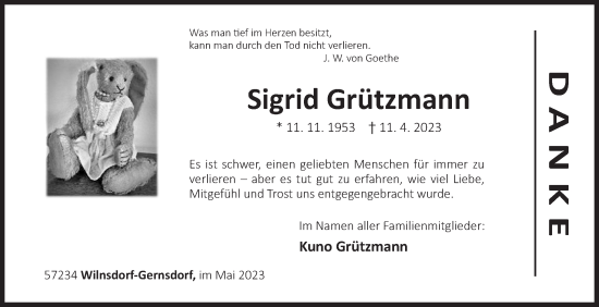 Traueranzeige von Sigrid Grützmann von Siegener Zeitung