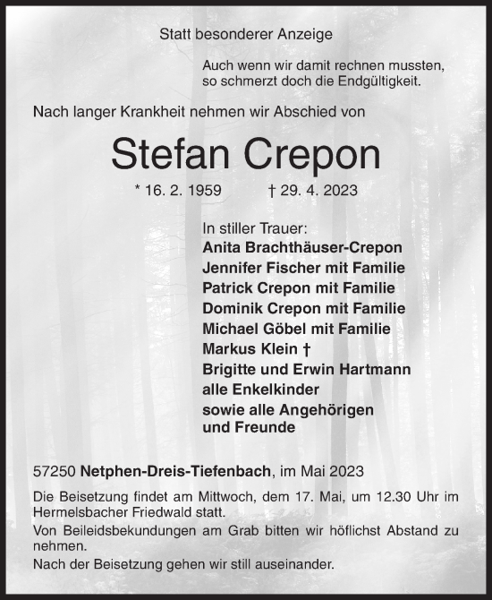Traueranzeige von Stefan Crepon von Siegener Zeitung