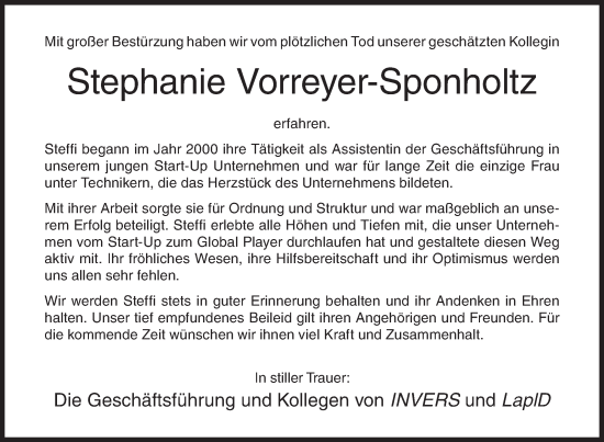 Traueranzeige von Stephanie Vorreyer-Sponholtz von Siegener Zeitung