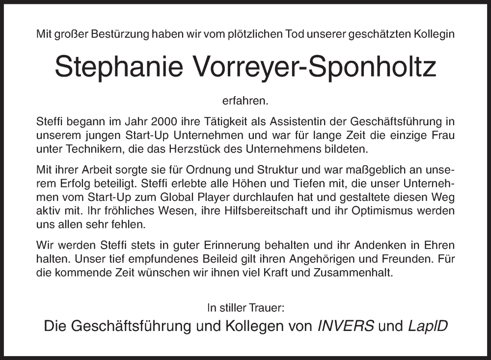  Traueranzeige für Stephanie Vorreyer-Sponholtz vom 09.05.2023 aus Siegener Zeitung