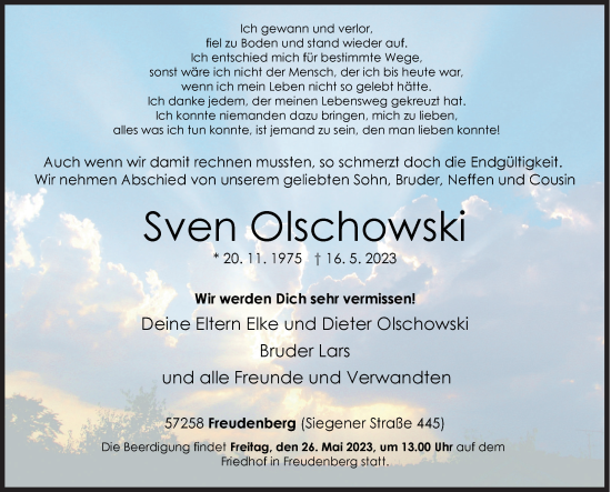 Traueranzeige von Sven Olschowski von Siegener Zeitung
