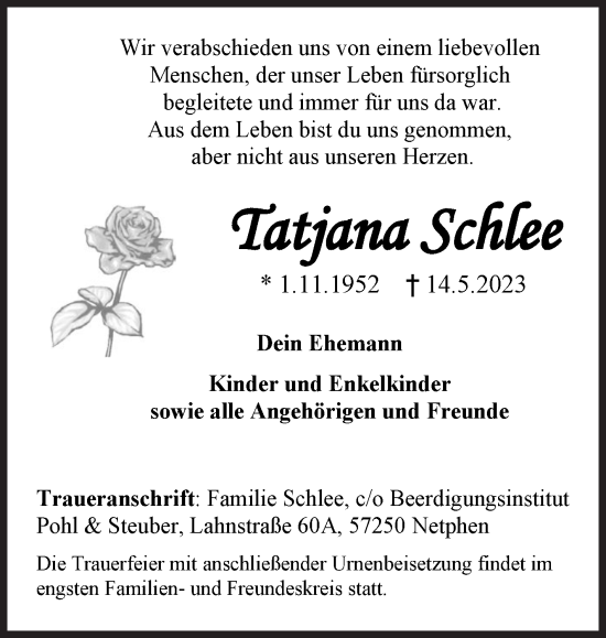 Traueranzeige von Tatjana Schlee von Siegener Zeitung