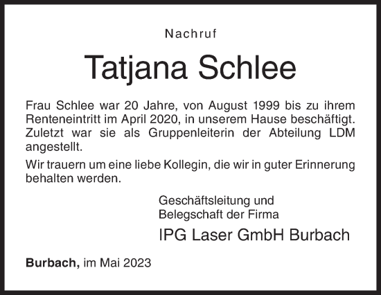 Traueranzeige von Tatjana Schlee von Siegener Zeitung