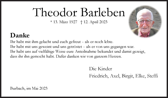 Traueranzeige von Theodor Barleben von Siegener Zeitung