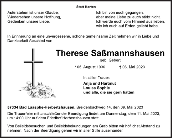 Traueranzeige von Therese Saßmannshausen von Siegener Zeitung