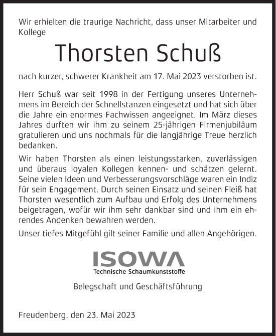 Traueranzeige von Thorsten Schuß von Siegener Zeitung