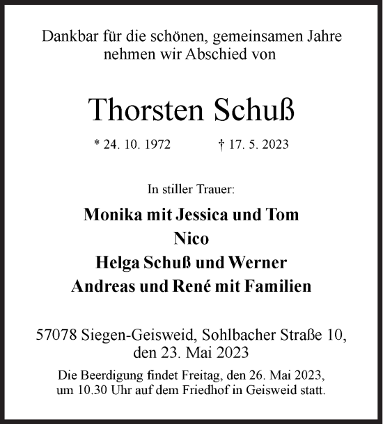 Traueranzeige von Thorsten Schuß von Siegener Zeitung
