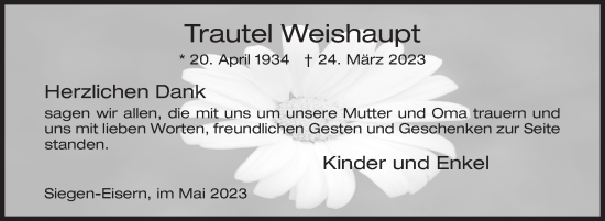 Traueranzeige von Trautel Weishaupt von Siegener Zeitung