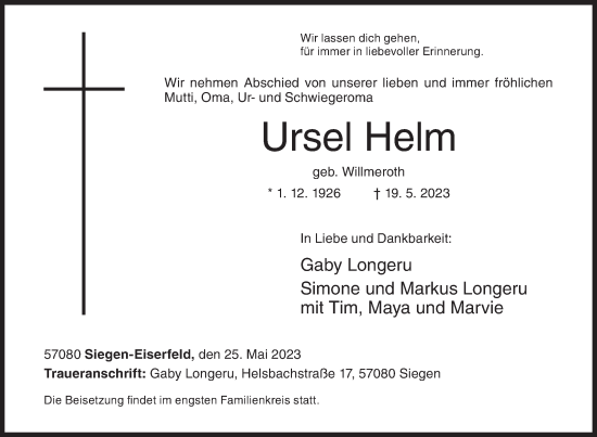 Traueranzeige von Ursel Helm von Siegener Zeitung