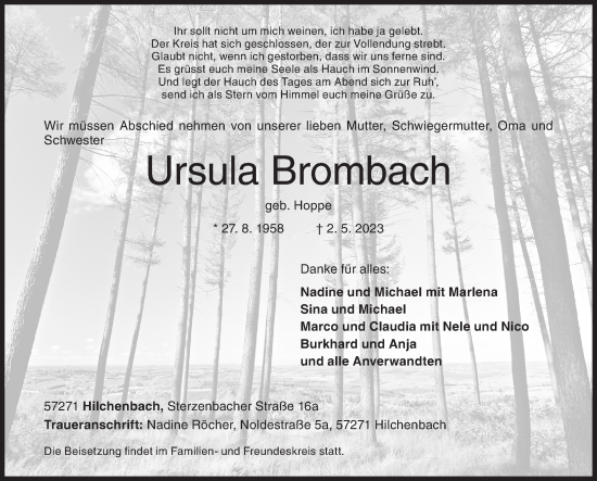 Traueranzeige von Ursula Brombach von Siegener Zeitung