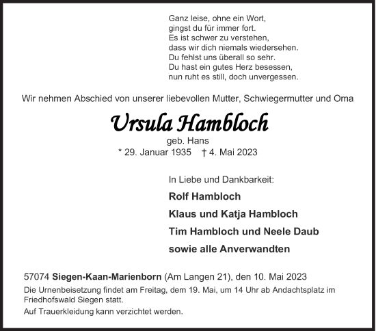 Traueranzeige von Ursula Hambloch von Siegener Zeitung