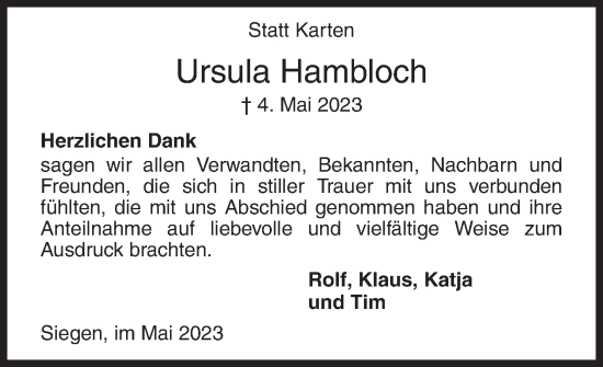 Traueranzeige von Ursula Hambloch von Siegener Zeitung