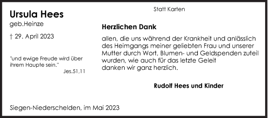 Traueranzeige von Ursula Hees von Siegener Zeitung