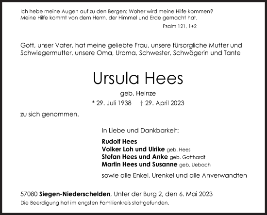 Traueranzeige von Ursula Hees von Siegener Zeitung