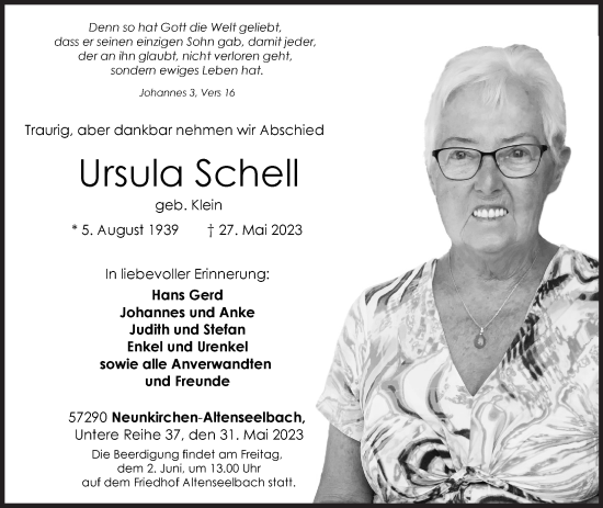 Traueranzeige von Ursula Schell von Siegener Zeitung