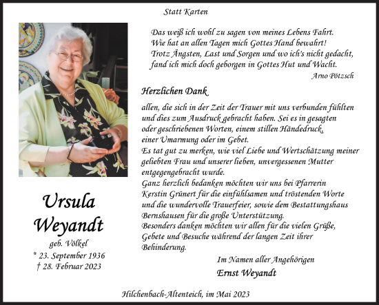 Traueranzeige von Ursula Weyandt von Siegener Zeitung